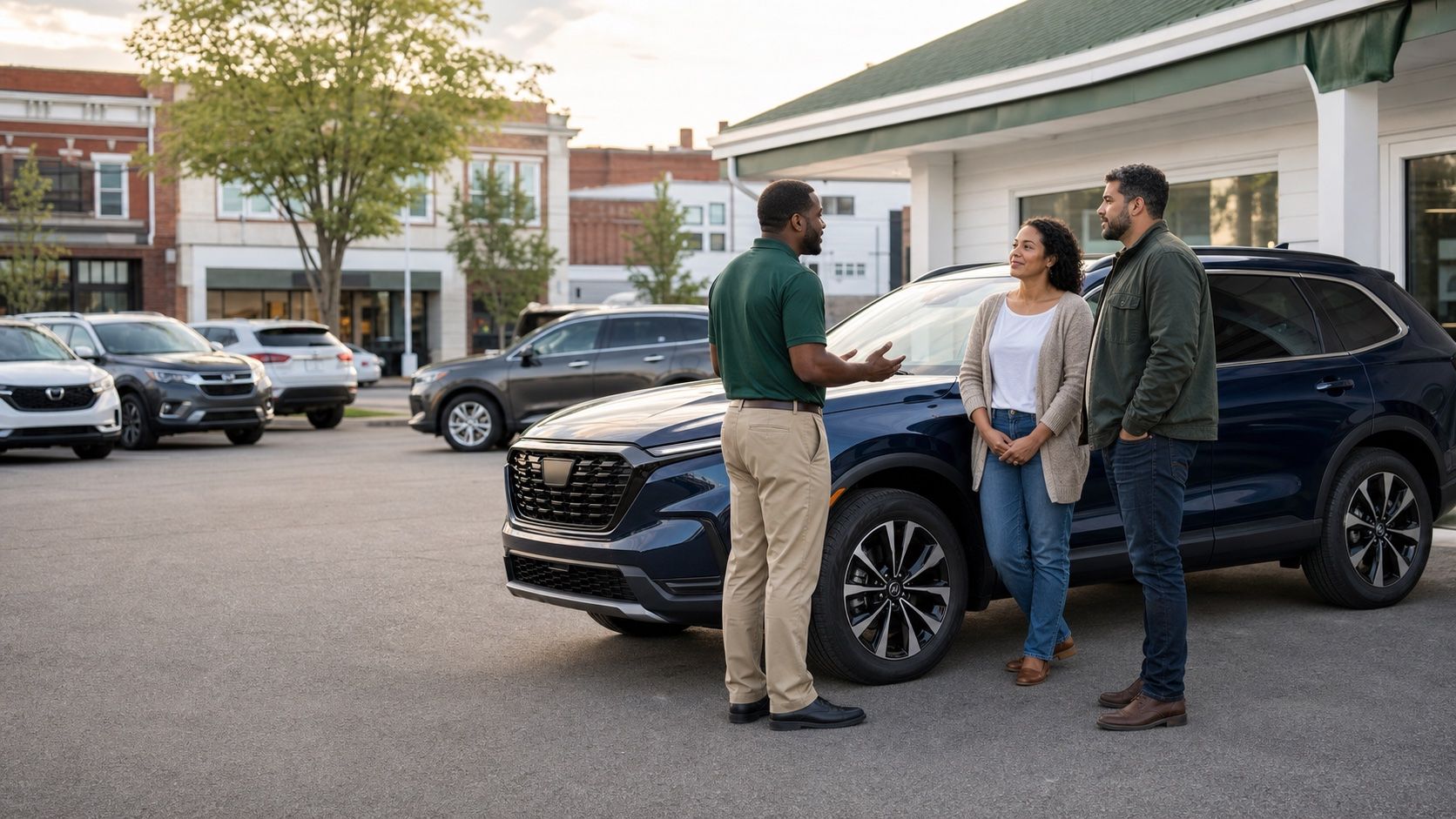 A dealership advisor speaks with two customers beside a navy crossover.